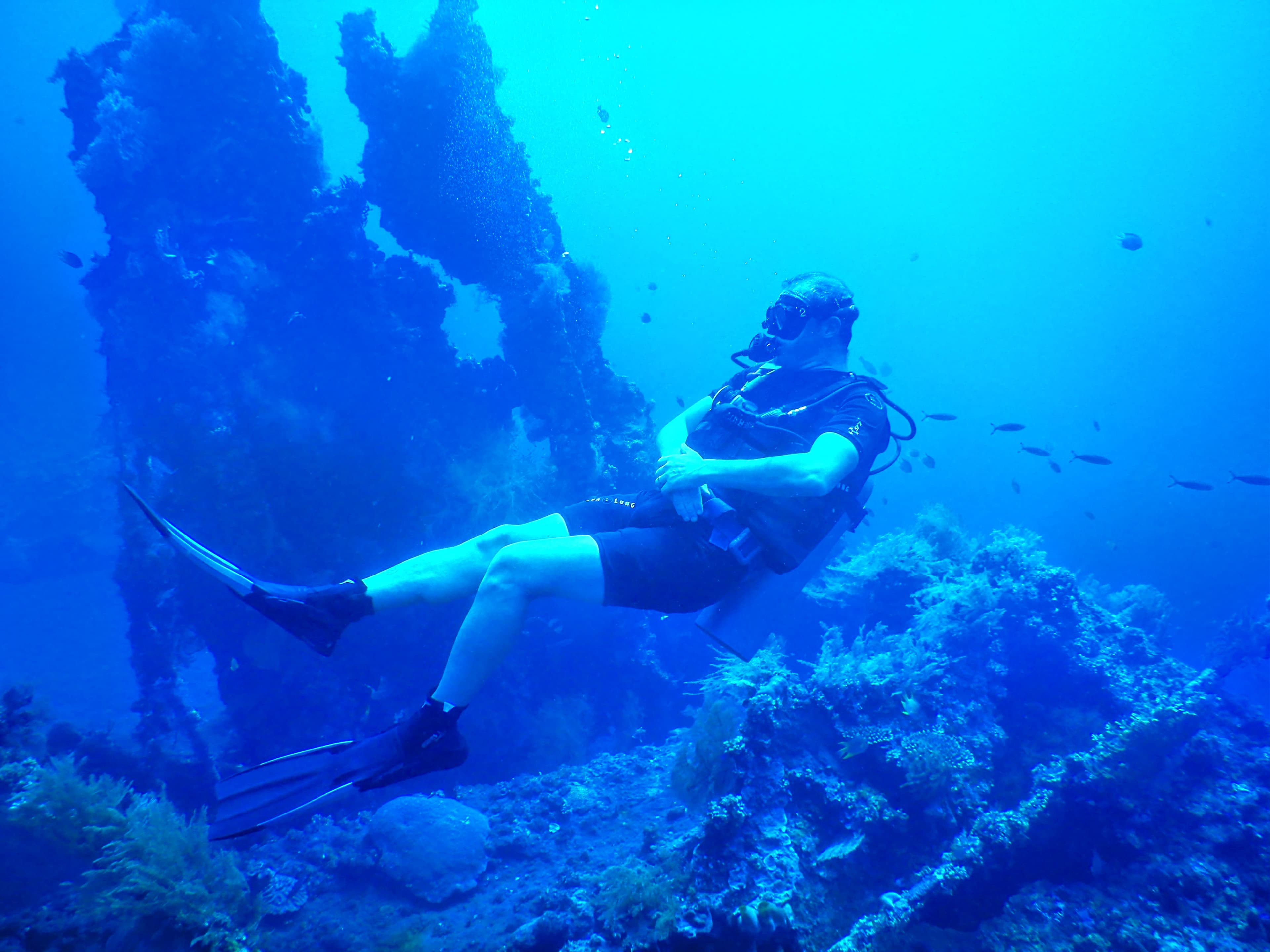 Scuba diving at a shipwreck in Bali