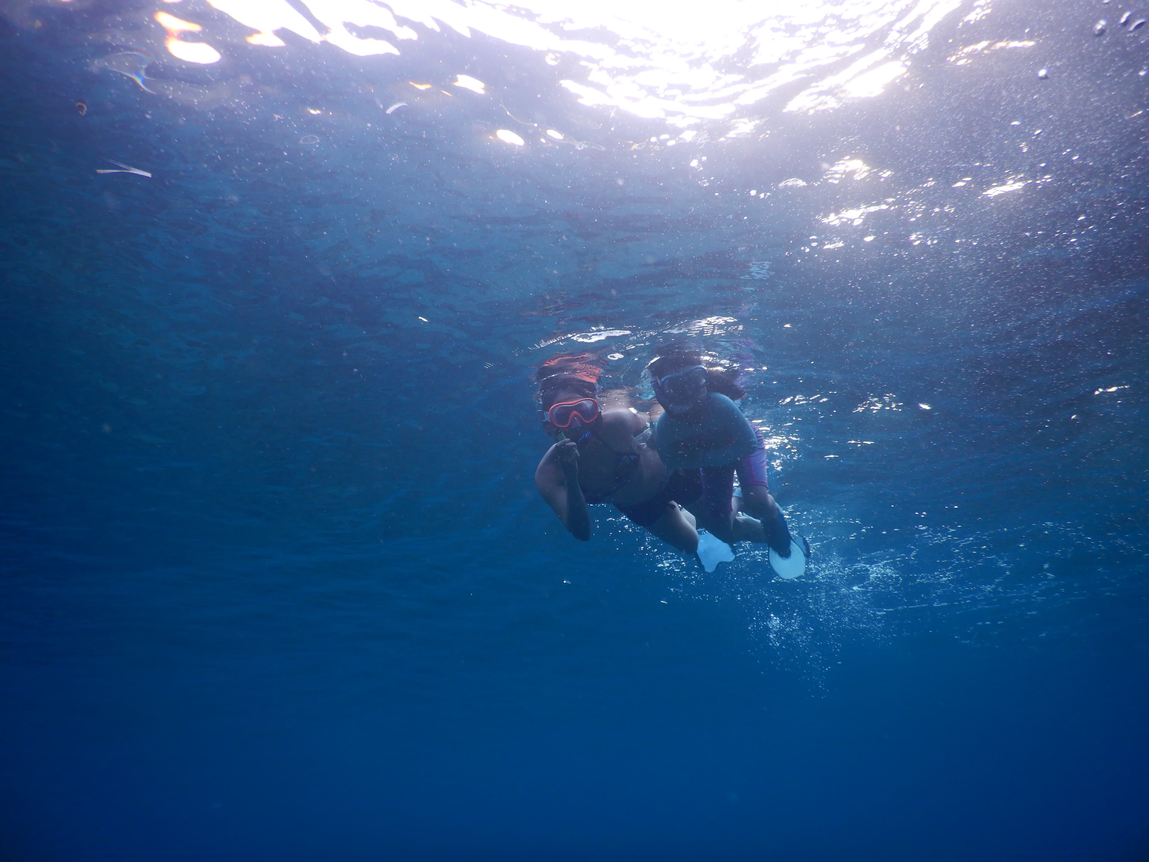 Kids snorkeling underwater, light filtering through the surface