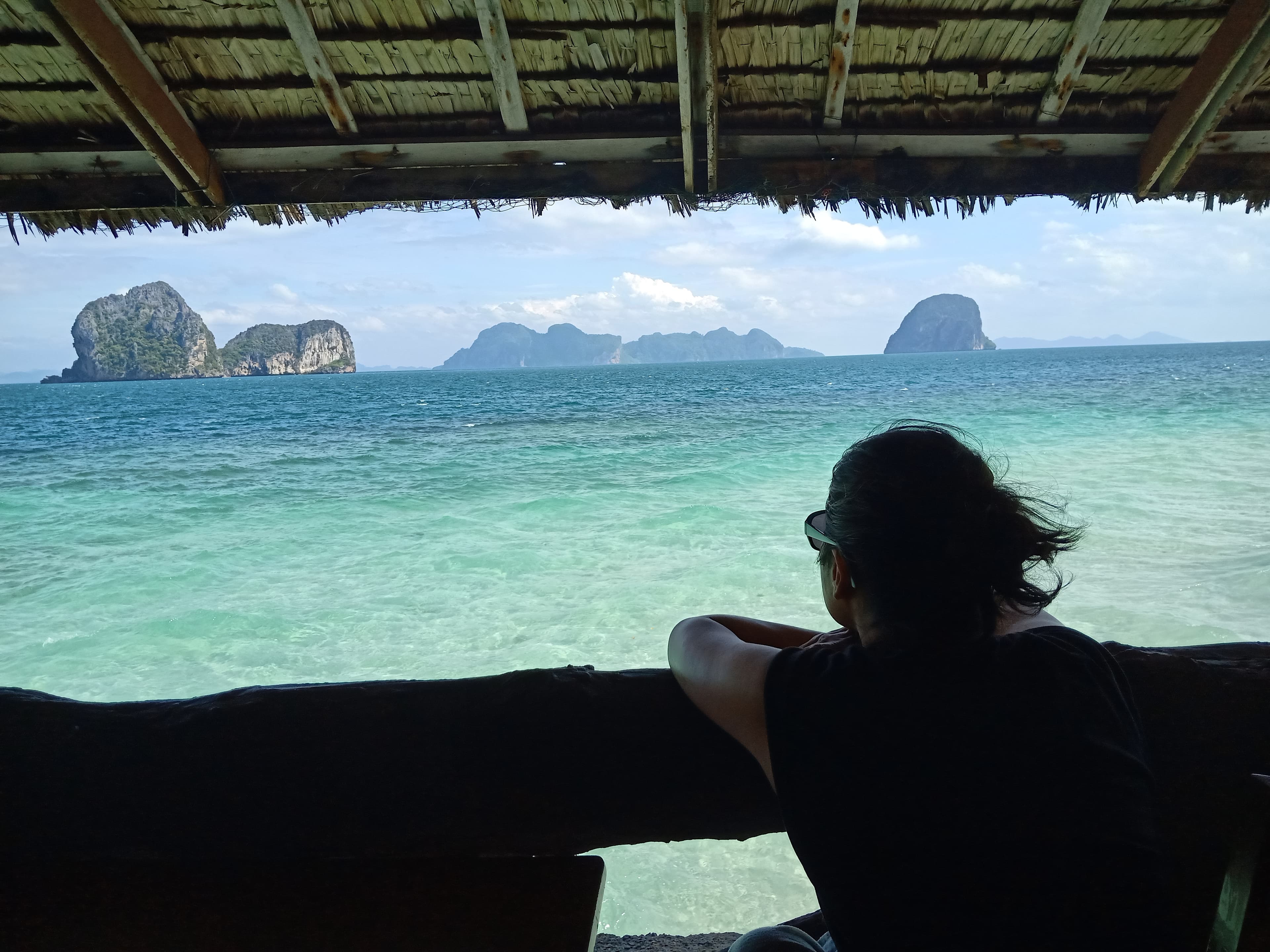Watching limestone islands from a thatched hut